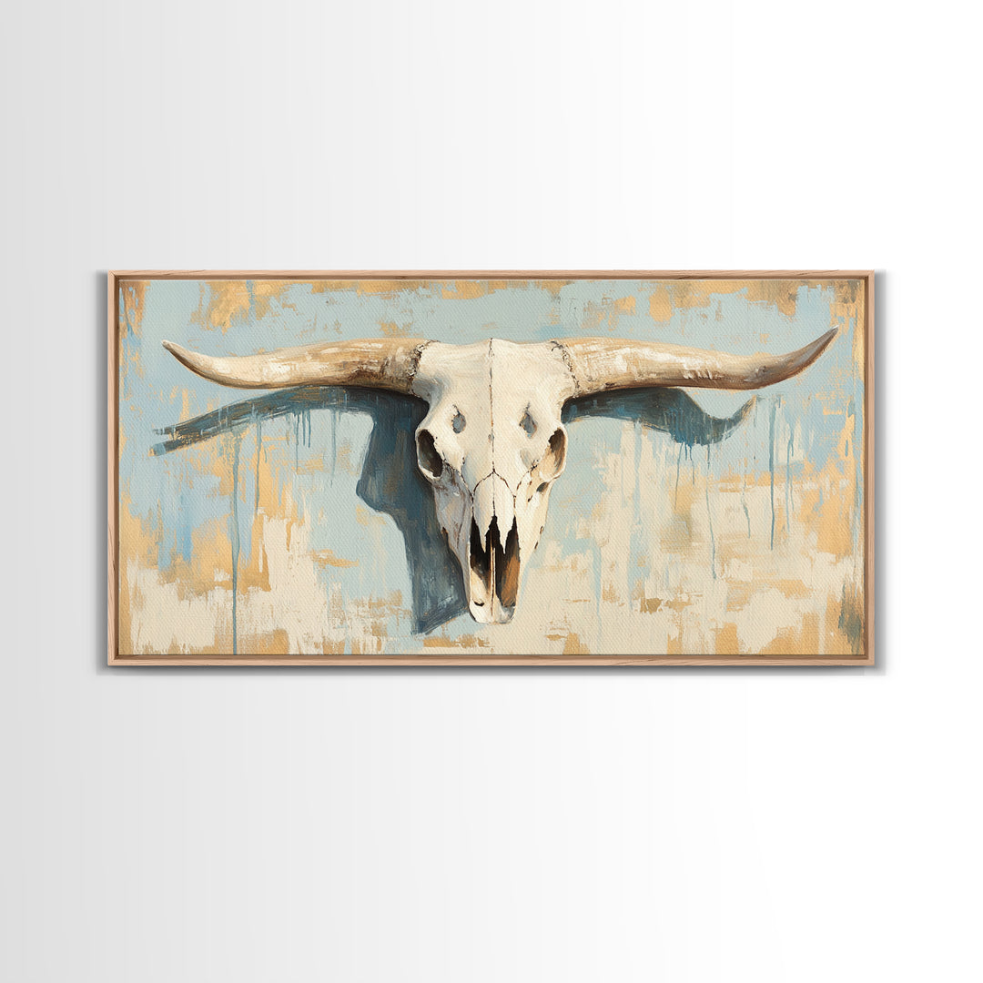 Longhorn Skull On Rustic Blue Plaster Wall Art, Western Ranch Decor, Southwestern Home Decor, Cowboy Canvas Art Print Gift
