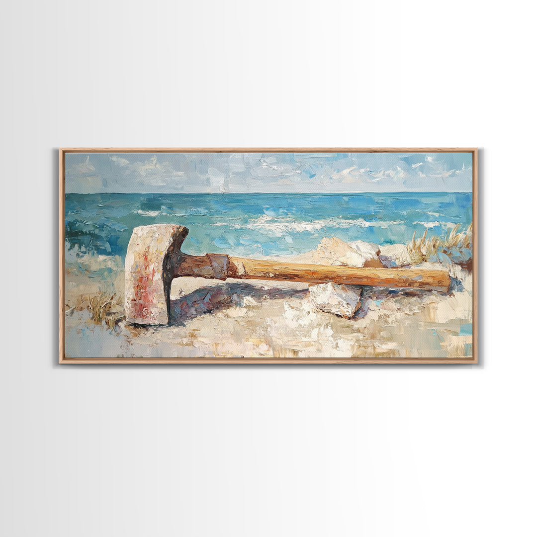 Weathered Axe On Sandy Beach Canvas Print, Coastal Wall Art, Nautical Home Decor, Rustic Seaside Ocean Landscape Gift For Him
