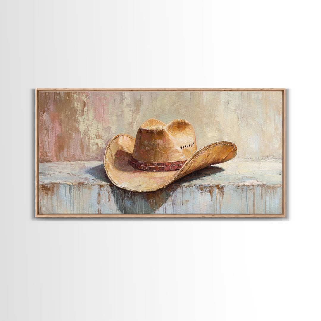 Worn Cowboy Hat On Rustic Shelf Wall Art, Western Home Decor, Cowgirl Wall Decor, Ranch Housewarming Gift, Canvas Print Idea