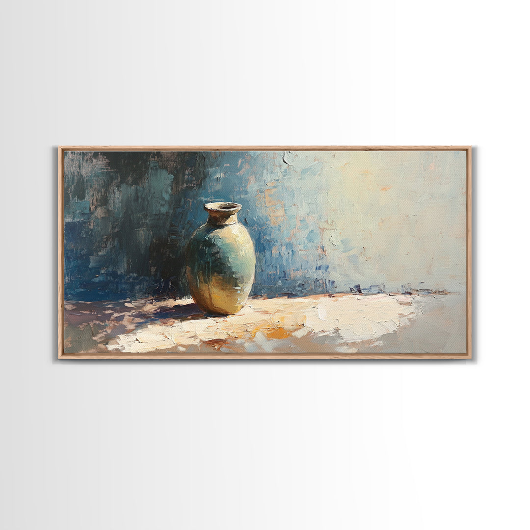 Single Ceramic Vase In Sunlit Blue Abstract Wall Art, Minimalist Home Decor, Still Life Painting, Modern Office Decor Gift