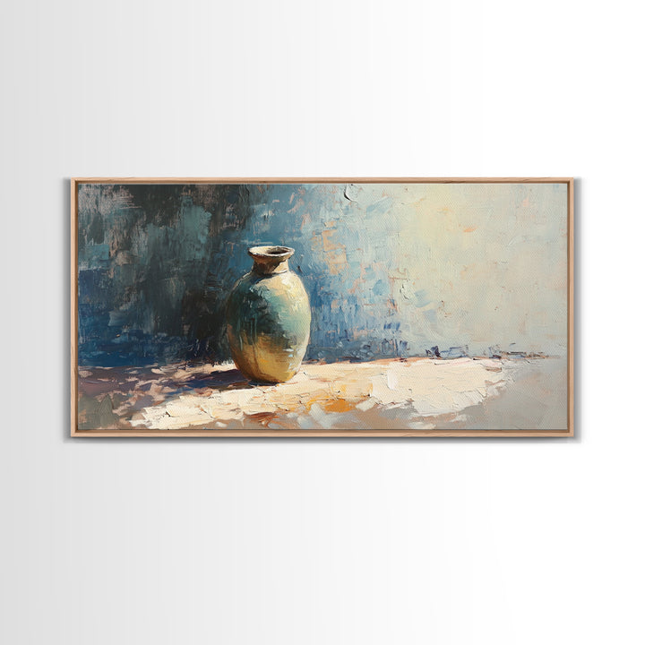 Single Ceramic Vase In Sunlit Blue Abstract Wall Art, Minimalist Home Decor, Still Life Painting, Modern Office Decor Gift