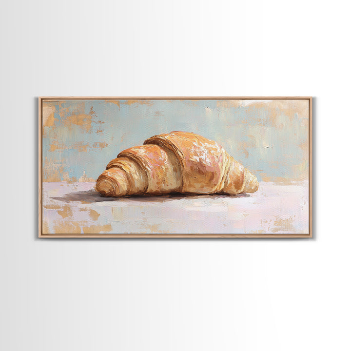 Golden Croissant On Pastel Table Canvas Print, French Bakery Wall Art, Kitchen Decor, Patisserie Print, Foodie Gift For Baker