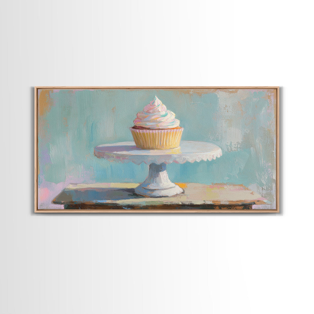 Pastel Cupcake On White Cake Stand Canvas Print, Cute Bakery Wall Art, Kitchen Decor, Dessert Art Print, Birthday Gift For Her