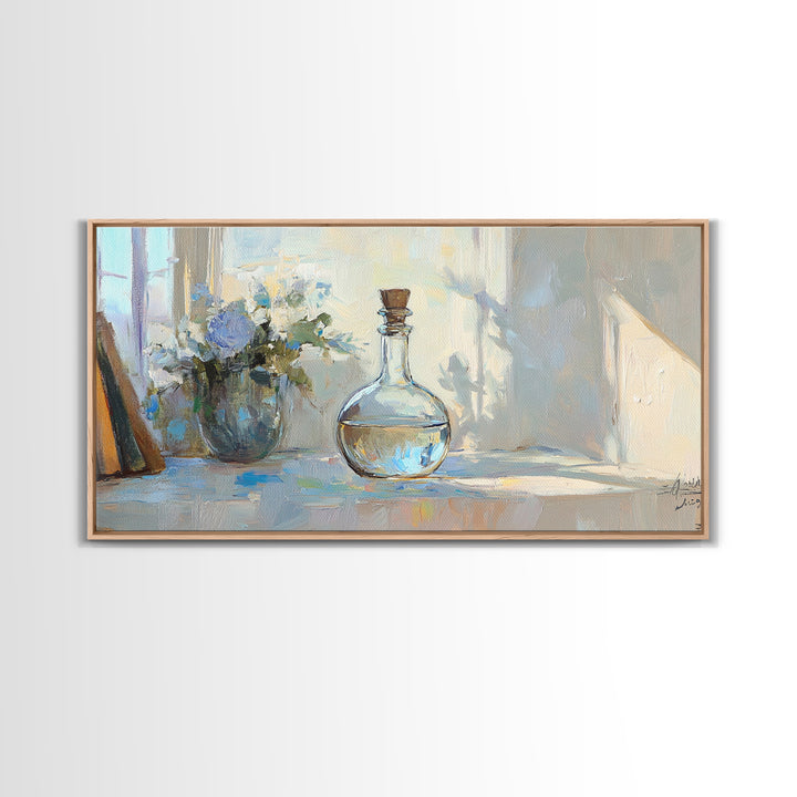 Sunlit Glass Decanter With Blue Flowers Framed Canvas Print, Impressionist Still Life, Neutral Home Decor, Dining Room Wall Art