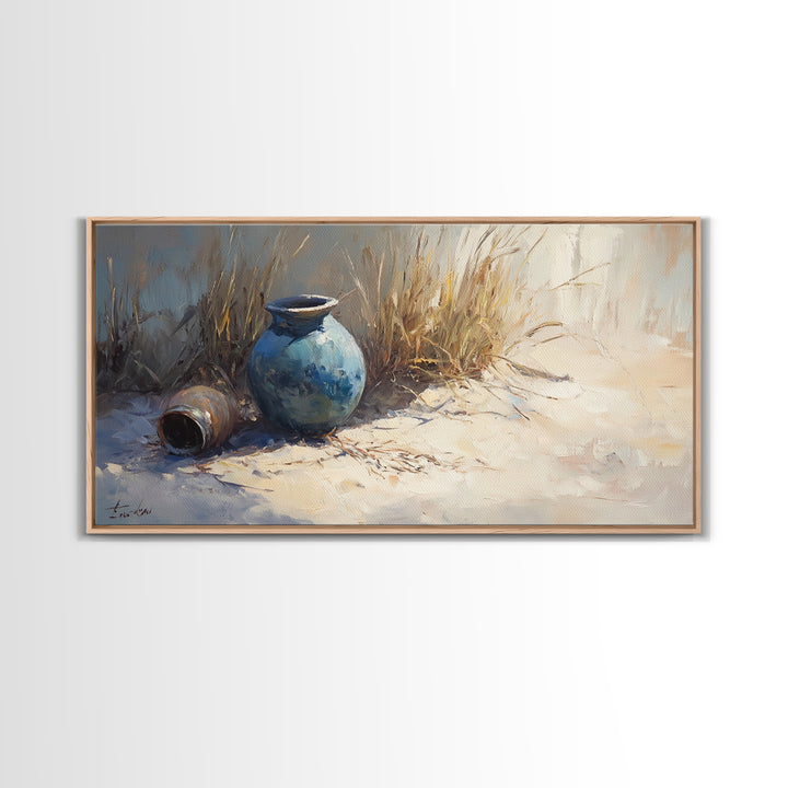 Blue Ceramic Vase In Sunlit Sand Wall Art, Coastal Still Life Canvas, Neutral Beach Decor, Rustic Home Decor, Housewarming Gift