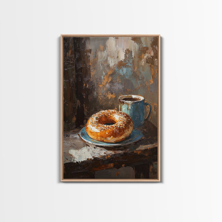 Rustic Coffee And Bagel Still Life Canvas Print, Cozy Kitchen Wall Art, Breakfast Nook Decor, Cafe Art Print Gift For Foodie