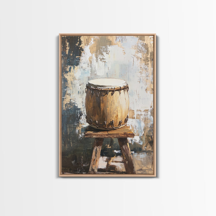Rustic Hand Drum On Wooden Stool Canvas Print, Music Room Decor, African Inspired Art, Earth Tone Wall Decor, Gift For Him