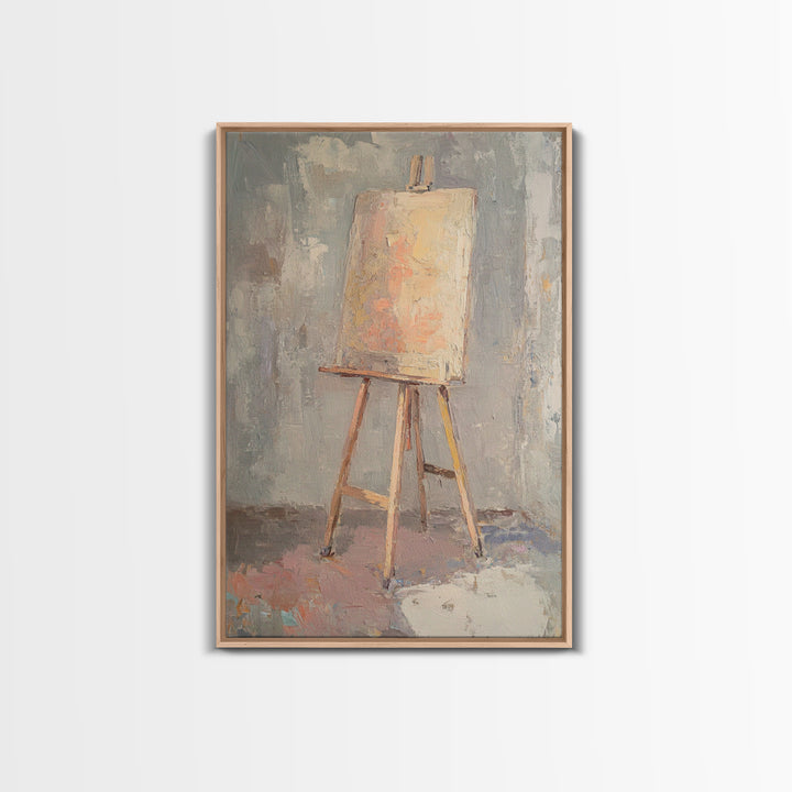 Empty Easel With Textured Blank Canvas Wall Art, Artist Studio Decor, Minimalist Neutral Art Print, Creative Office Gift
