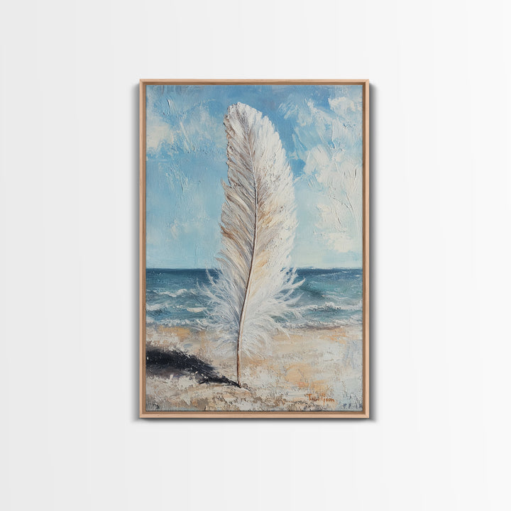 White Feather On Ocean Shore Canvas Print, Coastal Beach Wall Art, Serene Seascape Painting For Calm Bedroom And Beach House Decor