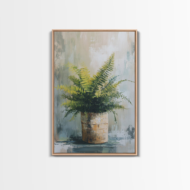 Green Fern In Rustic Pot Canvas Print, Botanical Wall Art, Neutral Plant Painting For Japandi Modern Home Decor Gift For Living Room