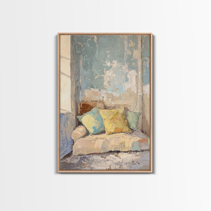 Sunlit Sofa With Pastel Pillows Wall Art, Cozy Bedroom Decor, Neutral Living Room Art, Apartment Decor, Housewarming Gift