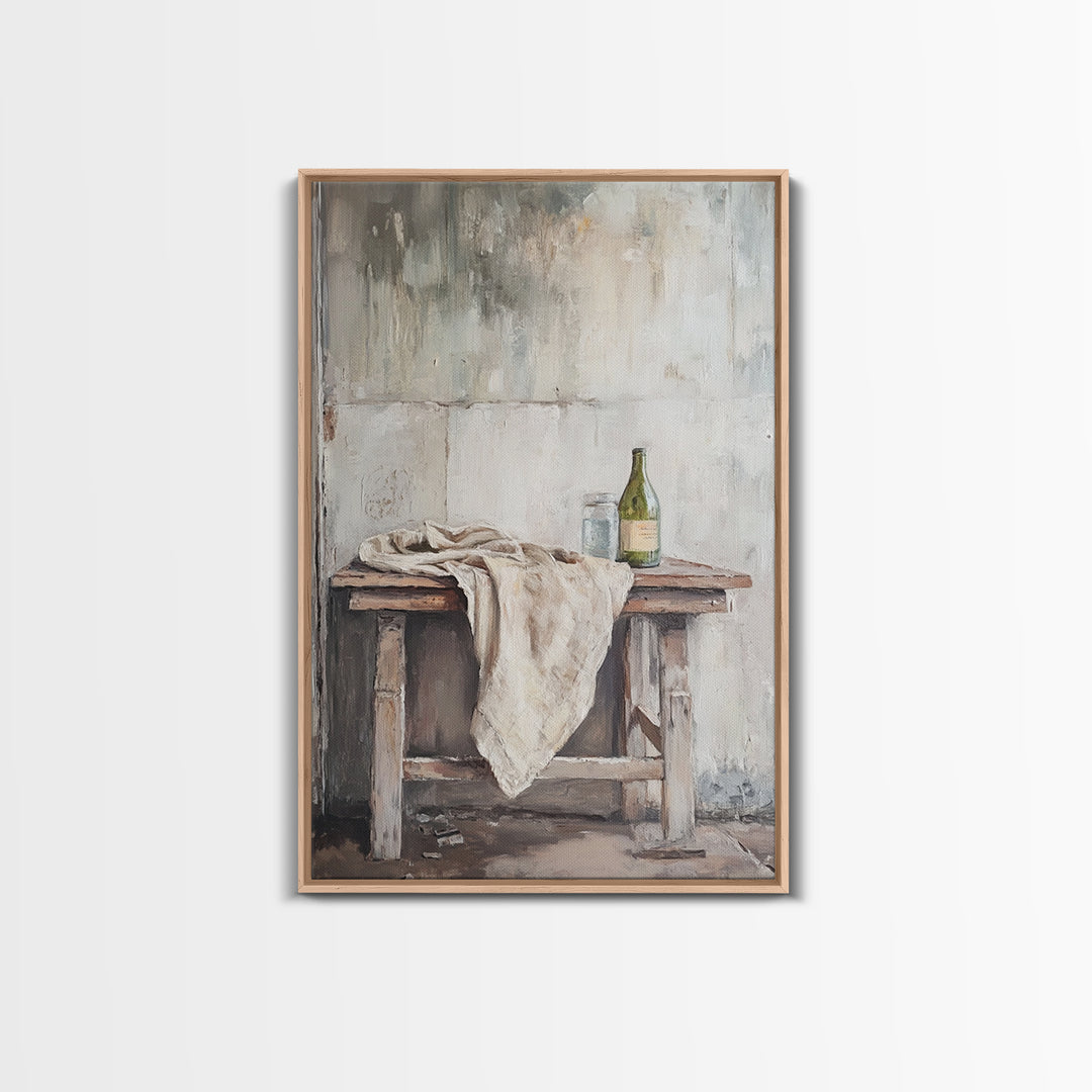 Rustic Wine Bottle And Linen On Weathered Table Framed Canvas Print, Neutral Farmhouse Kitchen Wall Decor Gift For New Home