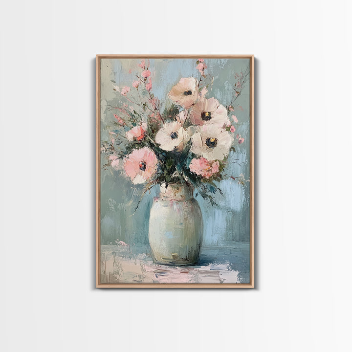 Soft Pink Poppies In Pale Ceramic Vase Wall Art, Textured Floral Canvas Print, Feminine Bedroom Decor Romantic Gift For Her