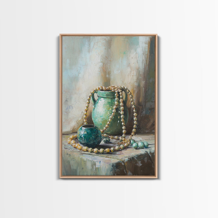 Turquoise Vases With Pearl Beads Still Life Wall Art, Elegant Framed Canvas Print For Bedroom Office Decor Gift For Her