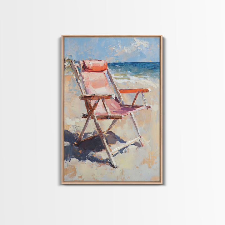 Pink Beach Chair Beside Blue Ocean Canvas Print, Coastal Wall Art For Beach House Decor, Summer Living Room Gift For Her