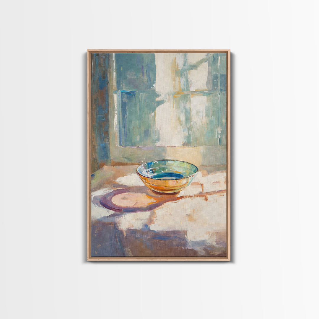 Sunlit Glass Bowl By Window Wall Art, Minimalist Still Life Print, Soft Blue Kitchen Decor, Modern Coastal Home Decor Gift
