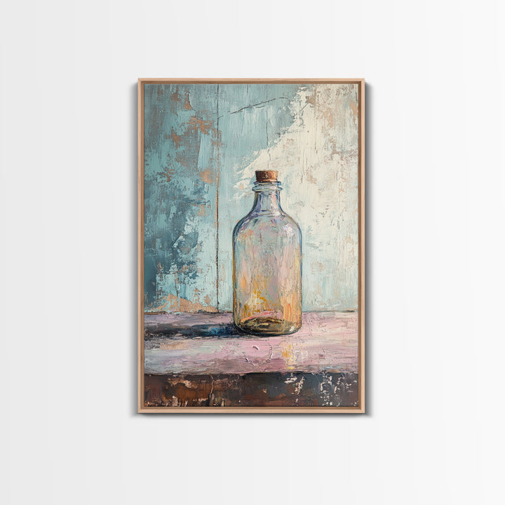 Iridescent Glass Bottle On Blue Plaster Wall Art, Minimalist Still Life Print, Wabi Sabi Kitchen Decor, Modern Home Gift