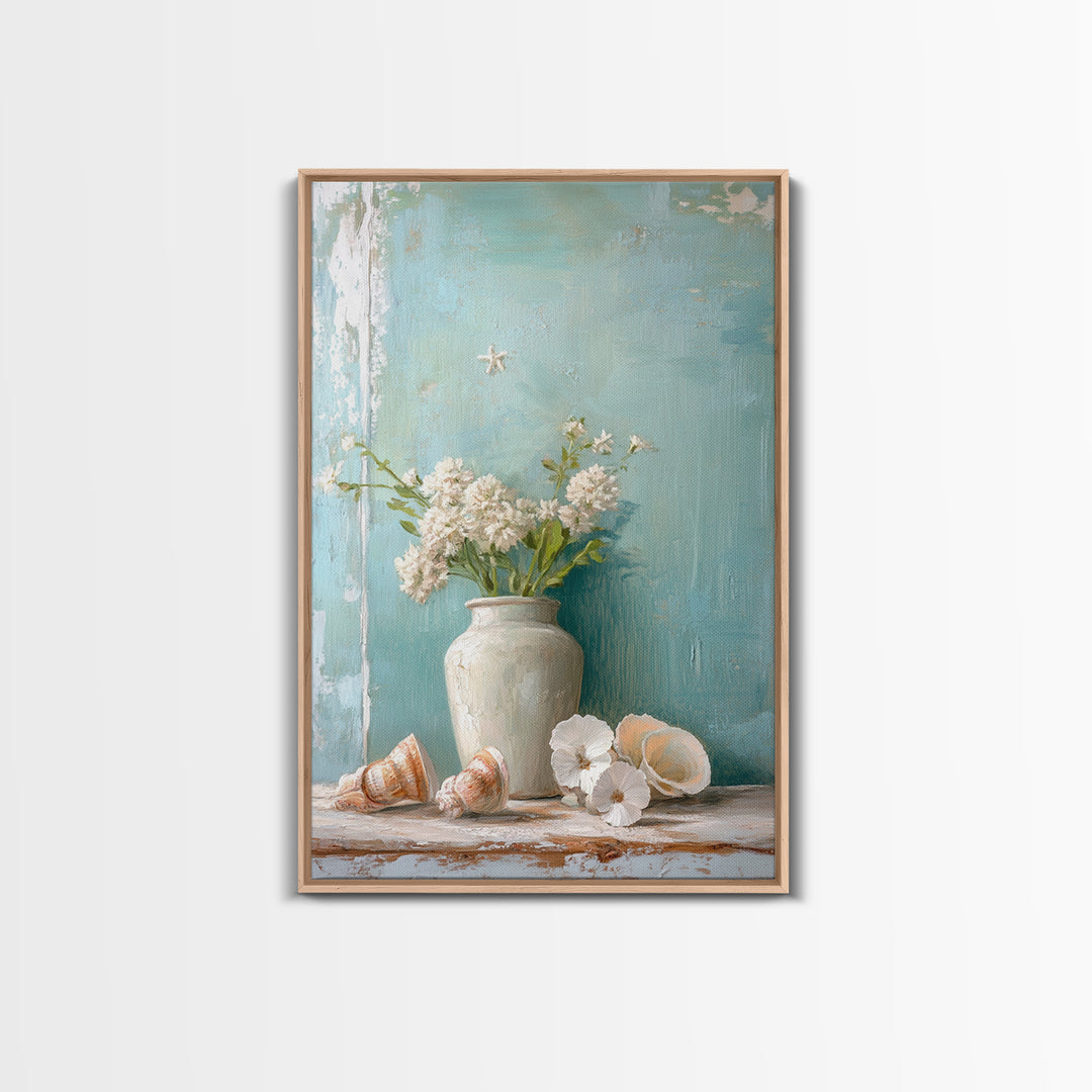 White Hydrangea Vase With Seashells Framed Canvas Print, Coastal Wall Art, Beach House Decor, Soft Neutral Home Decor, Bathroom Wall Decor
