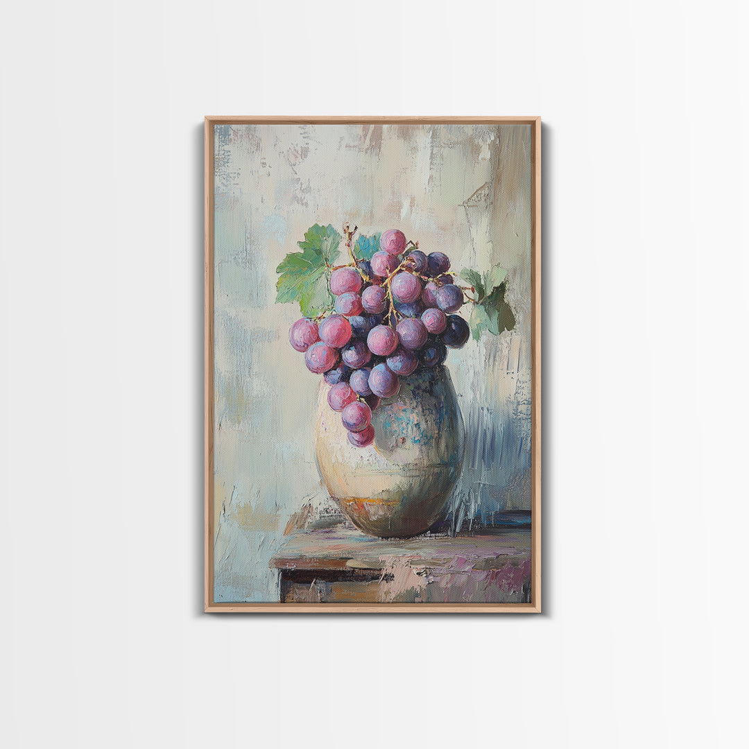 Purple Grapes In Rustic Ceramic Vase Wall Art, Vineyard Still Life Oil Painting, Wine Kitchen Decor, Farmhouse Canvas Print