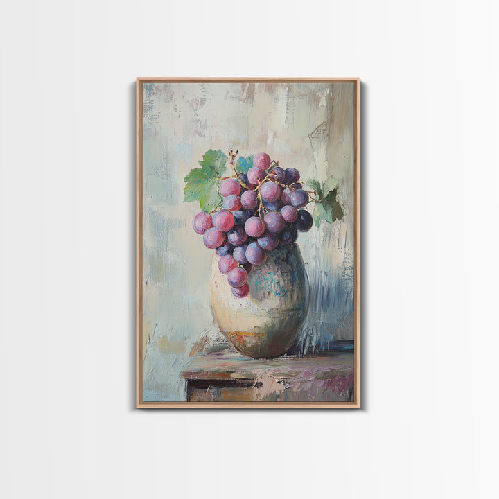 Purple Grapes In Rustic Ceramic Vase Wall Art, Vineyard Still Life Oil Painting, Wine Kitchen Decor, Farmhouse Canvas Print
