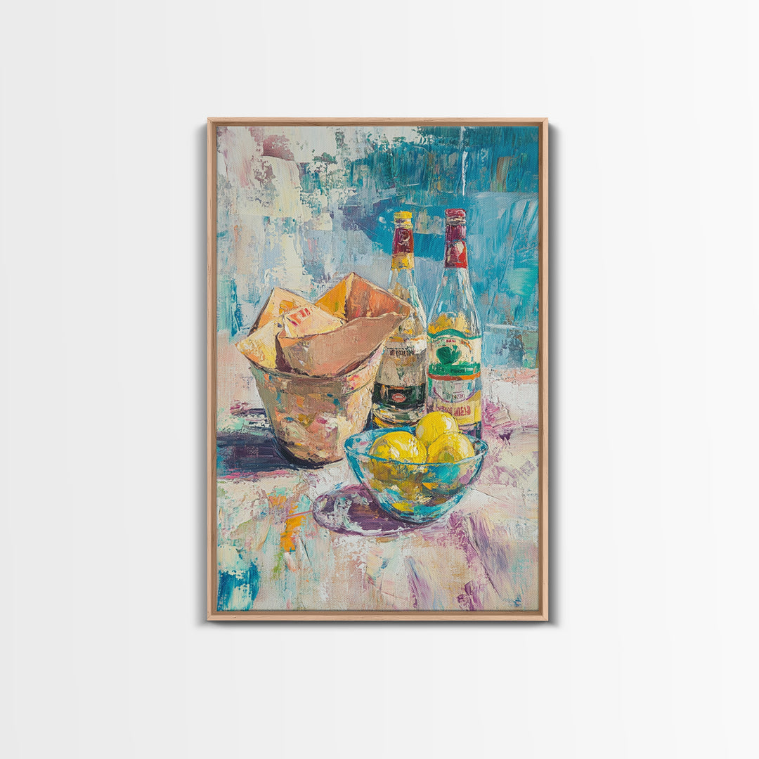Bottles Lemons And Ice Bucket Canvas Print, Colorful Bar Cart Wall Art, Cocktail Kitchen Decor, Eclectic Dining Room Print