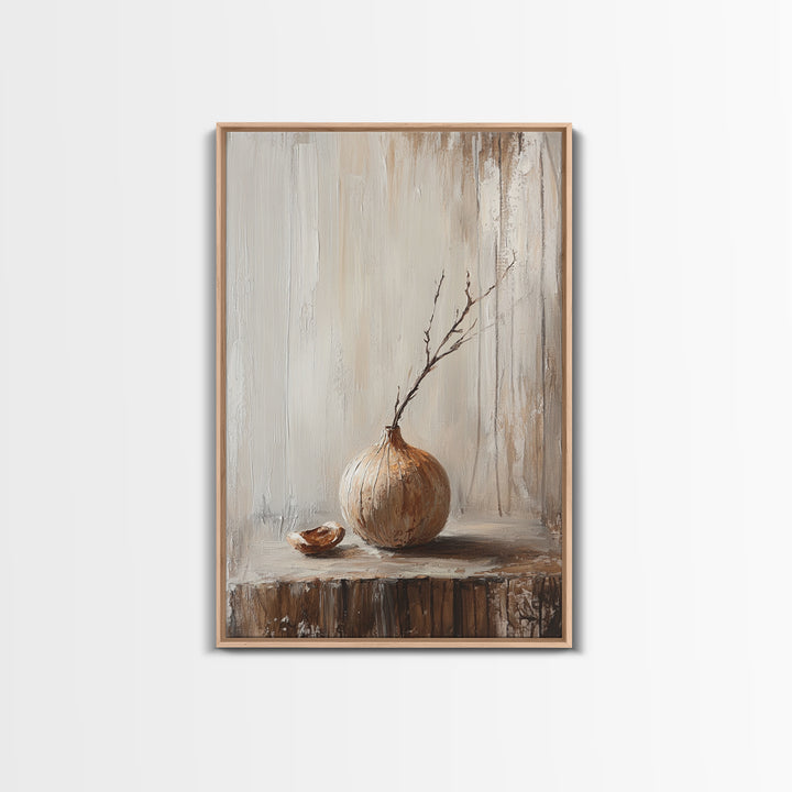 Minimal Onion Still Life Canvas Print, Neutral Kitchen Wall Art, Rustic Farmhouse Decor, Contemporary Vegetable Art Print