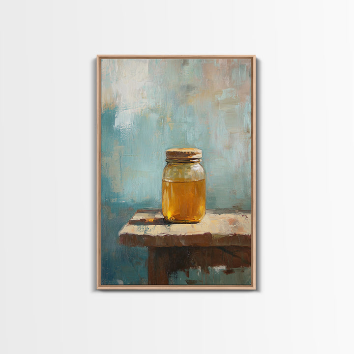 Golden Honey Jar Canvas Print, Rustic Kitchen Wall Art, Farmhouse Still Life Decor, Bee Lover Gift, Modern Home Decor Art