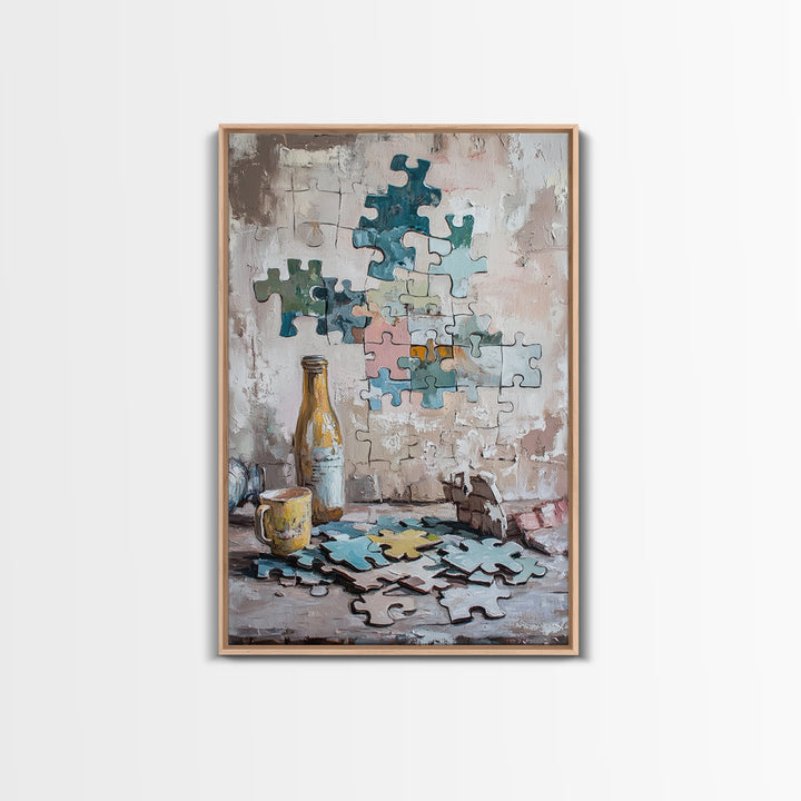 Puzzle Pieces And Bottle Still Life Canvas Print, Whimsical Wall Art, Game Room Decor, Eclectic Wall Art, Unique Gift, Living Room Decor