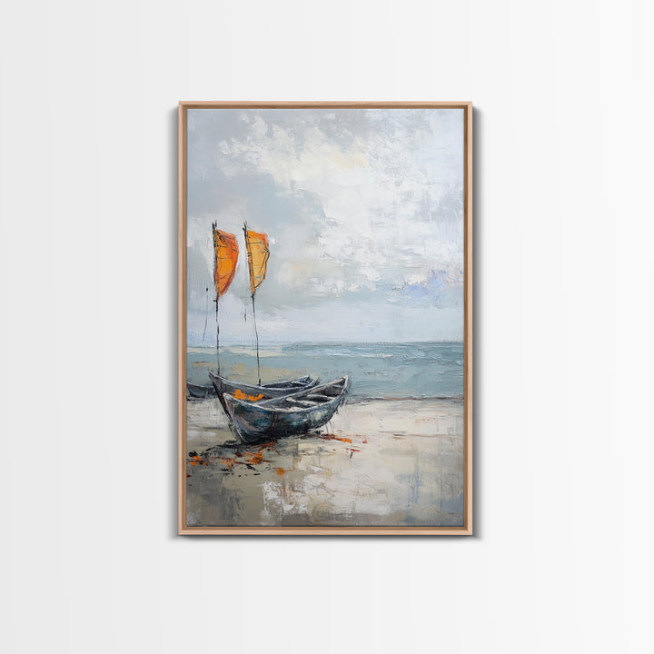 Orange Sailboats On Misty Beach Framed Canvas Print, Coastal Wall Art, Nautical Decor, Ocean Seascape Beach House Gift For Him