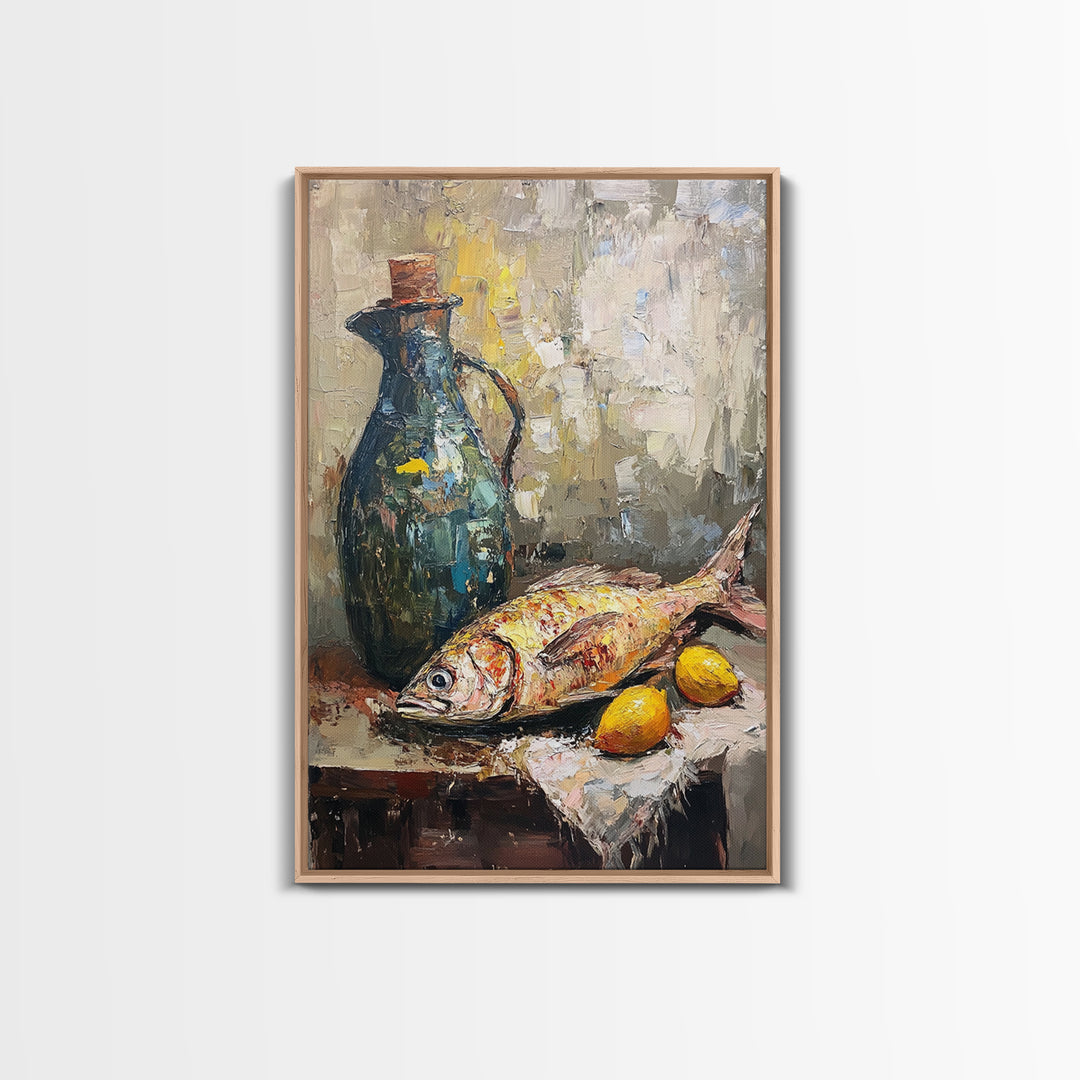Mediterranean Fish Still Life With Lemons Framed Canvas Print, Coastal Kitchen Wall Art, Seafood Decor, Foodie Gift For Home Chefs