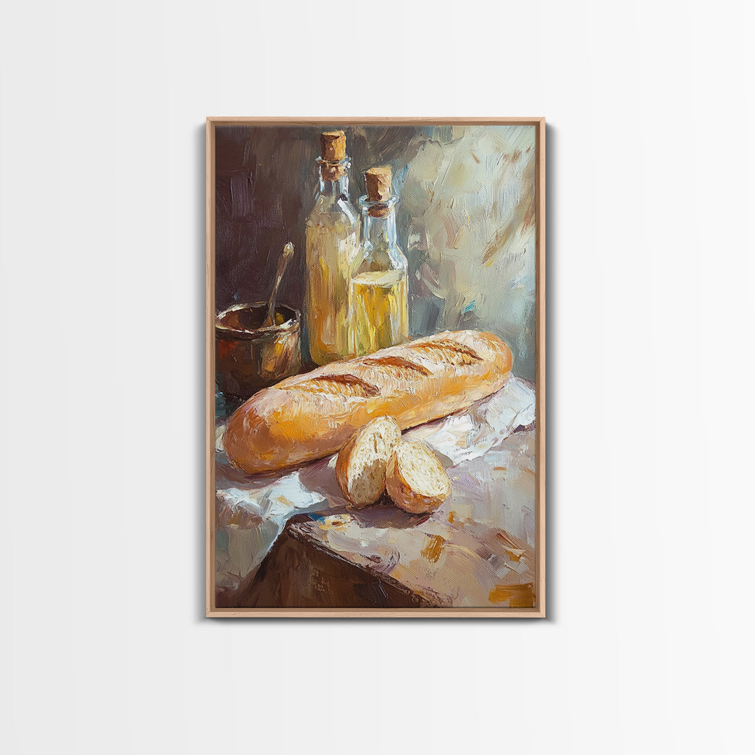 Rustic Baguette And Olive Oil Still Life Canvas Print, French Kitchen Wall Art, Bakery Decor, Food Lover Housewarming Gift