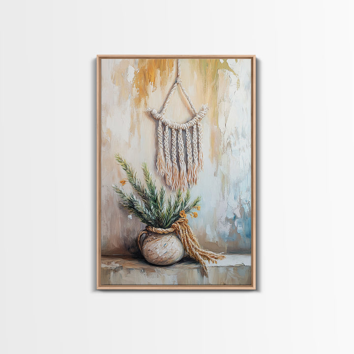 Macrame Hanging With Potted Greenery Wall Art, Boho Wall Decor, Neutral Rustic Home Decor, Wabi Sabi Housewarming Gift For Her