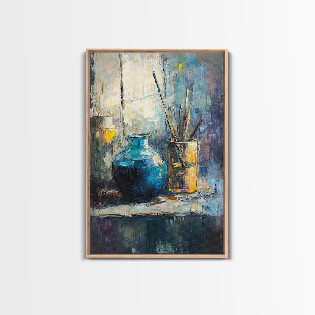 Blue Ceramic Vase With Artist Brushes Wall Art, Textured Still Life Oil Painting, Modern Home Decor, Living Room Art Print