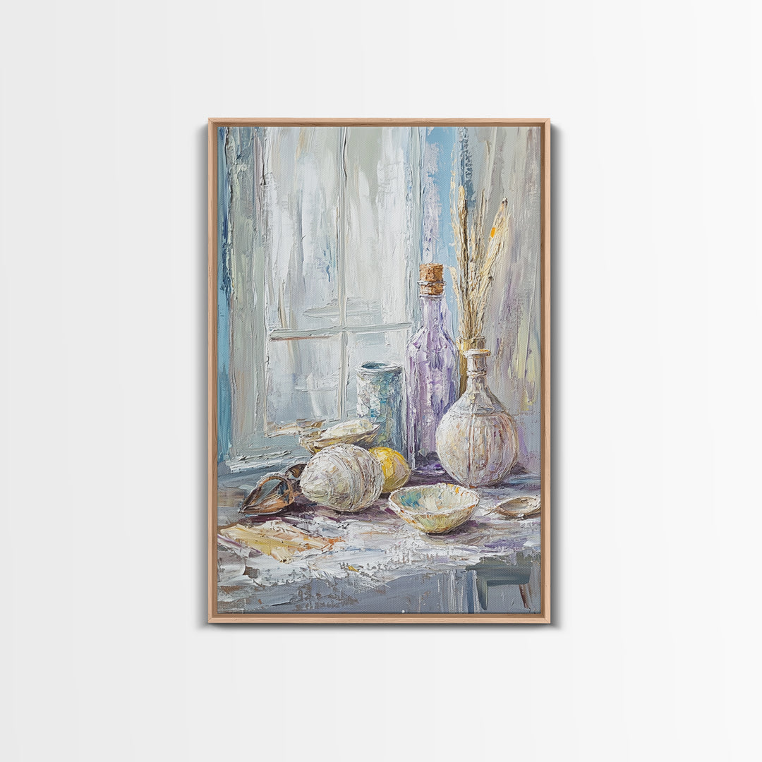 Seashells And Purple Bottle By Window Wall Art, Coastal Still Life Oil Painting, Beach House Decor, Neutral Wall Decor, Bathroom Art