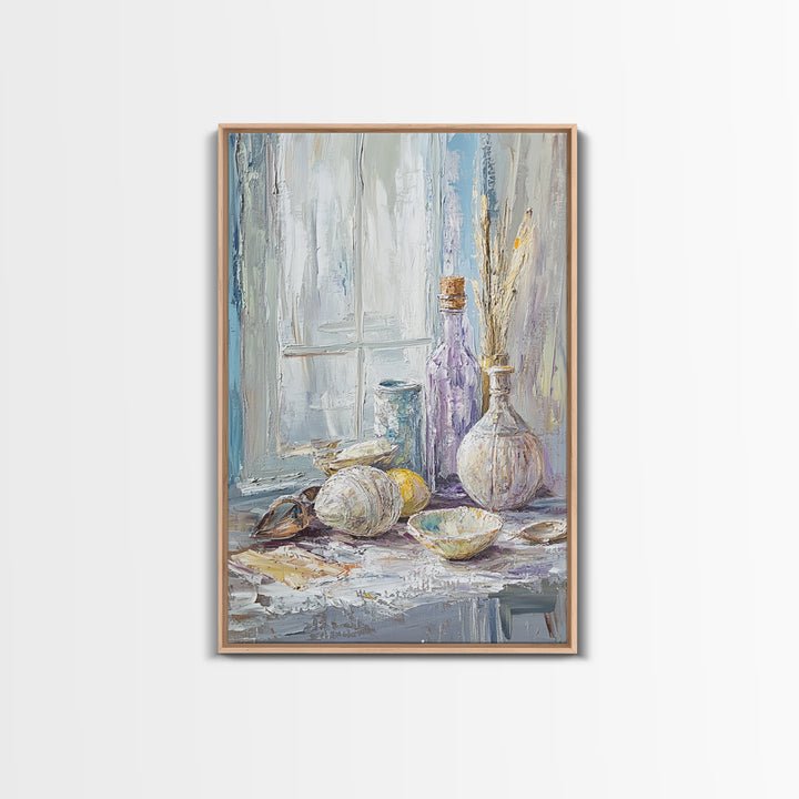 Seashells And Purple Bottle By Window Wall Art, Coastal Still Life Oil Painting, Beach House Decor, Neutral Wall Decor, Bathroom Art