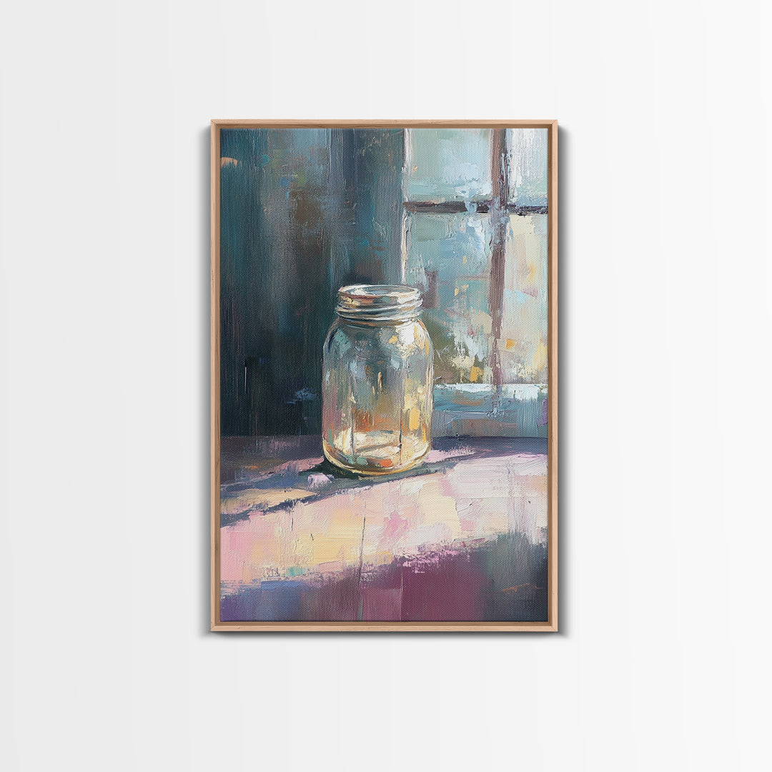 Sunlit Mason Jar On Windowsill Canvas Print, Minimalist Still Life Oil Painting, Rustic Kitchen Decor, Farmhouse Wall Art