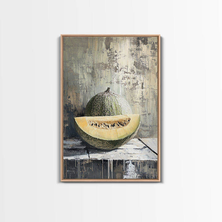 Cantaloupe Melon Still Life Wall Art, Rustic Kitchen Decor, Fruit Painting Print, Farmhouse Dining Room Art For Home Decor