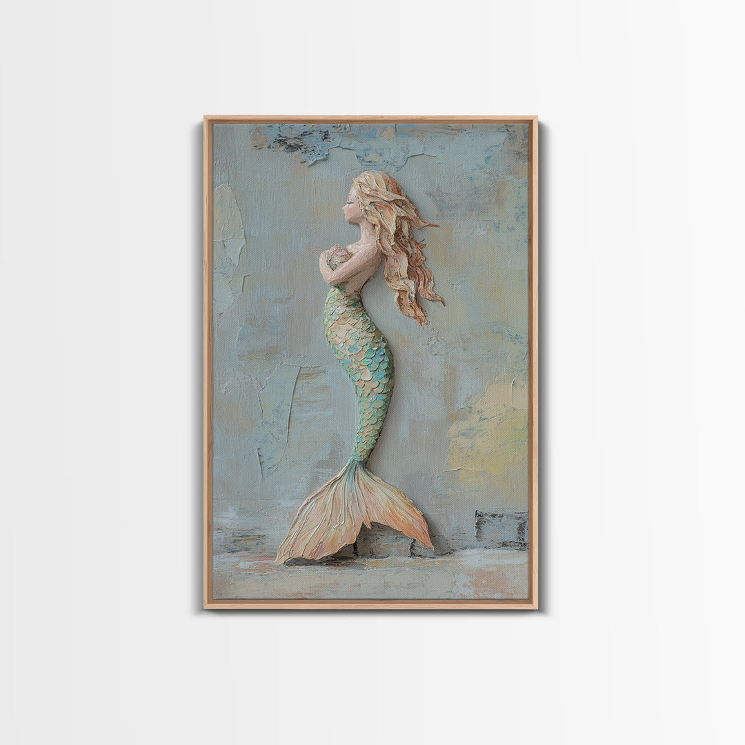 Textured Mermaid Figure Wall Art, Coastal Fantasy Decor, Nautical Canvas Print, Whimsical Ocean Art, Beach House Decor Gift