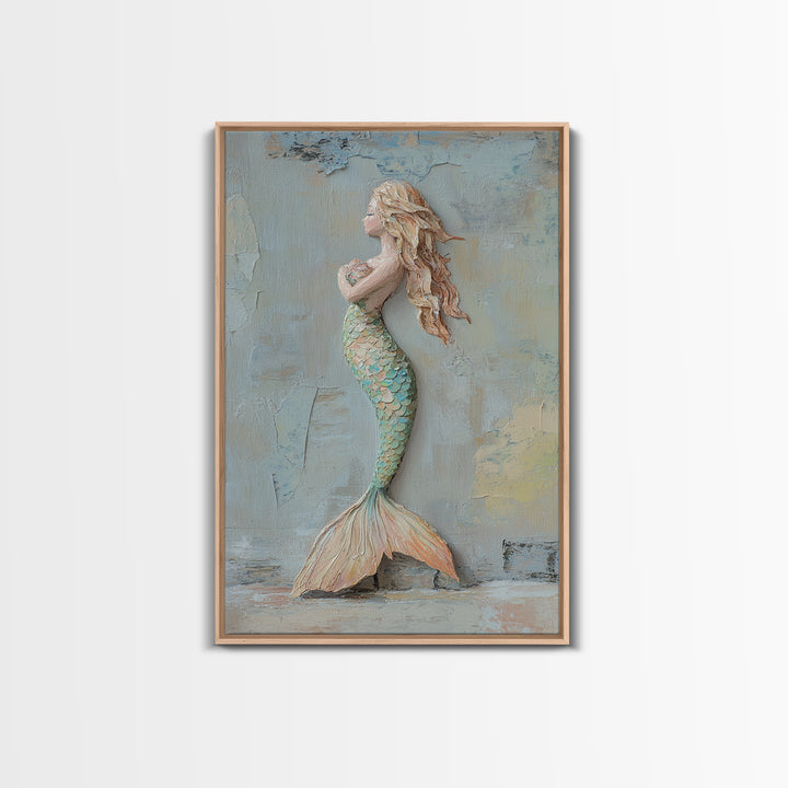 Textured Mermaid Figure Wall Art, Coastal Fantasy Decor, Nautical Canvas Print, Whimsical Ocean Art, Beach House Decor Gift
