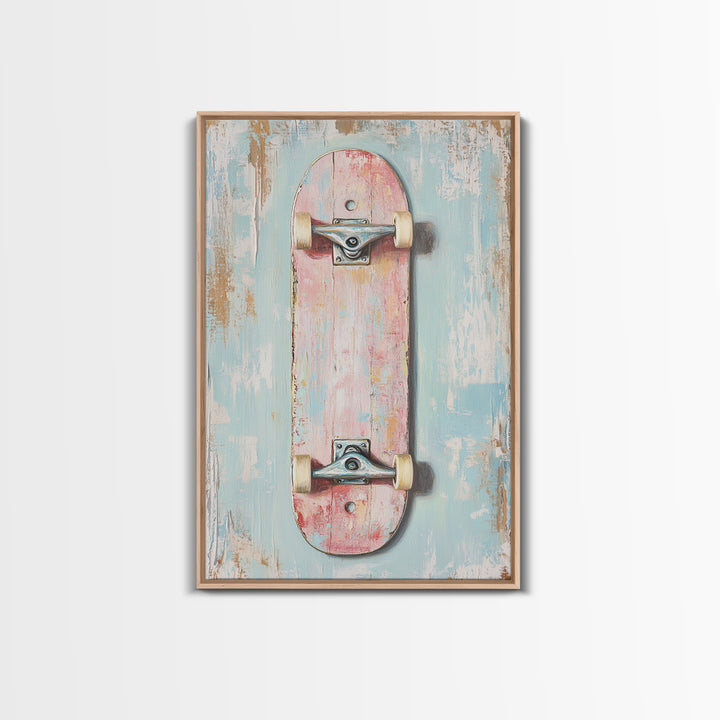 Pastel Pink Skateboard On Distressed Blue Wall Art, Retro Sport Decor, Skater Gift, Trendy Canvas Print For Kids Room Decor