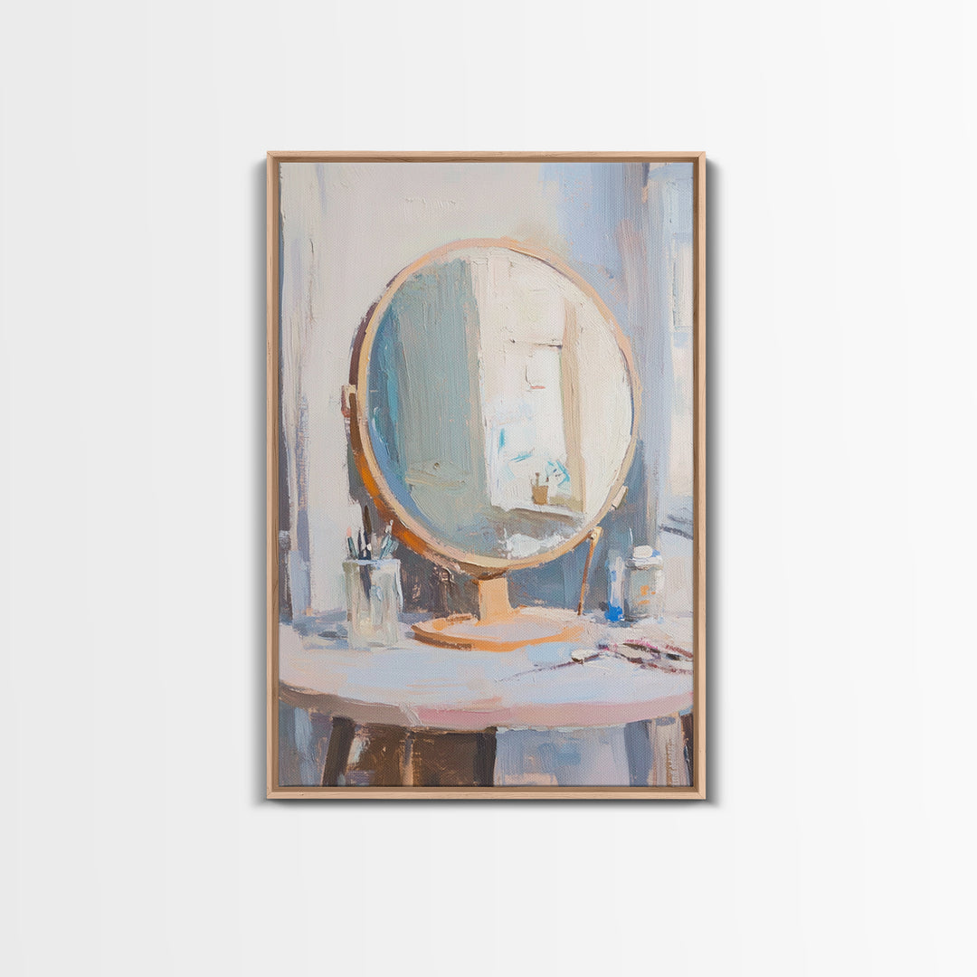 Soft Sunlit Vanity Mirror Still Life Wall Art, Feminine Bedroom Decor, Beauty Room Art, Neutral Framed Canvas Print For Modern Home Decor