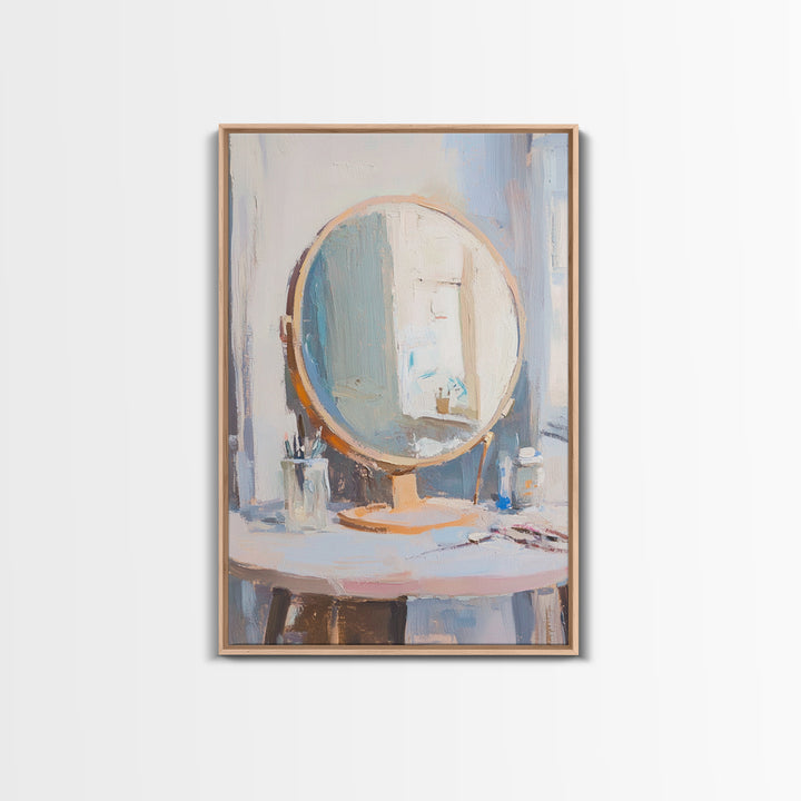 Soft Sunlit Vanity Mirror Still Life Wall Art, Feminine Bedroom Decor, Beauty Room Art, Neutral Framed Canvas Print For Modern Home Decor