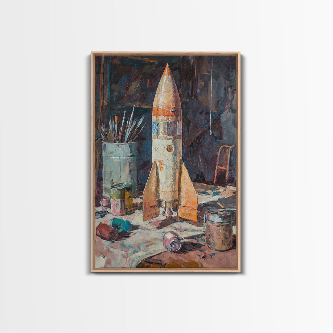 Weathered Toy Rocket In Artist Studio Wall Art, Retro Space Decor, Sci Fi Art Print, Bold Framed Canvas Print For Kids Room