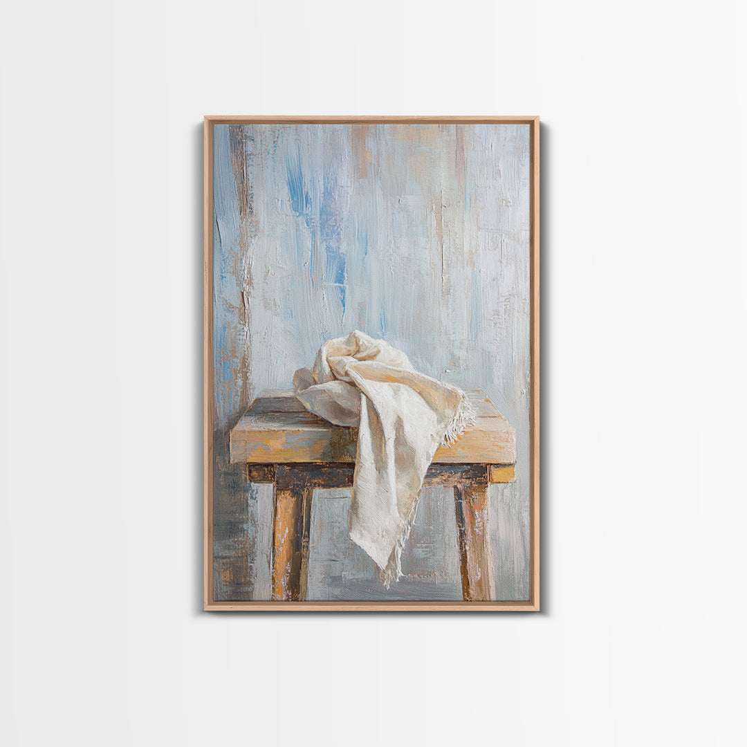 Weathered Wooden Stool With Linen Cloth Canvas Print, Minimalist Rustic Wall Art, Neutral Farmhouse Decor For Bedroom And Living Room