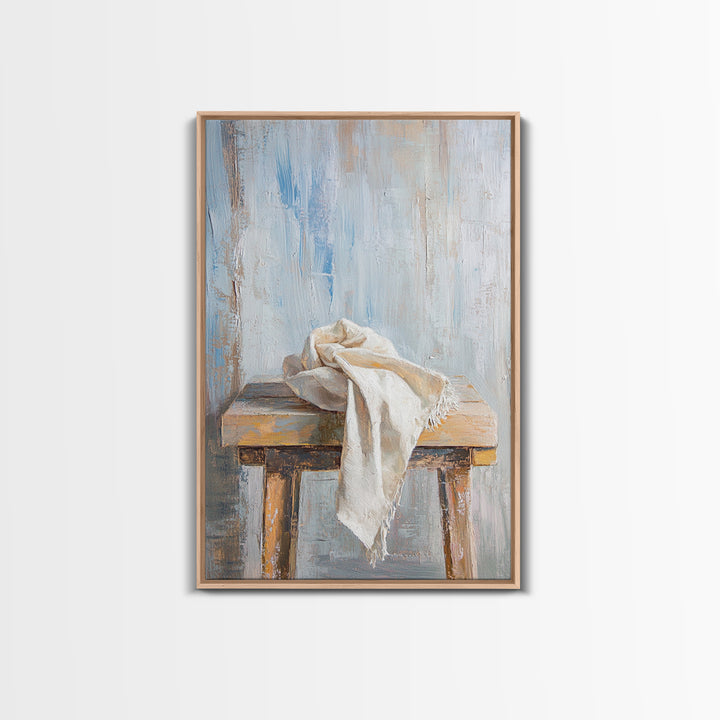 Weathered Wooden Stool With Linen Cloth Canvas Print, Minimalist Rustic Wall Art, Neutral Farmhouse Decor For Bedroom And Living Room