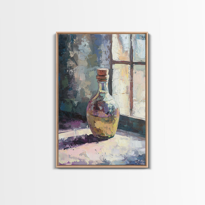 Sunlit Glass Bottle By Window Wall Art, Moody Still Life Painting, Rustic Kitchen Decor, Contemporary Canvas Print For Home