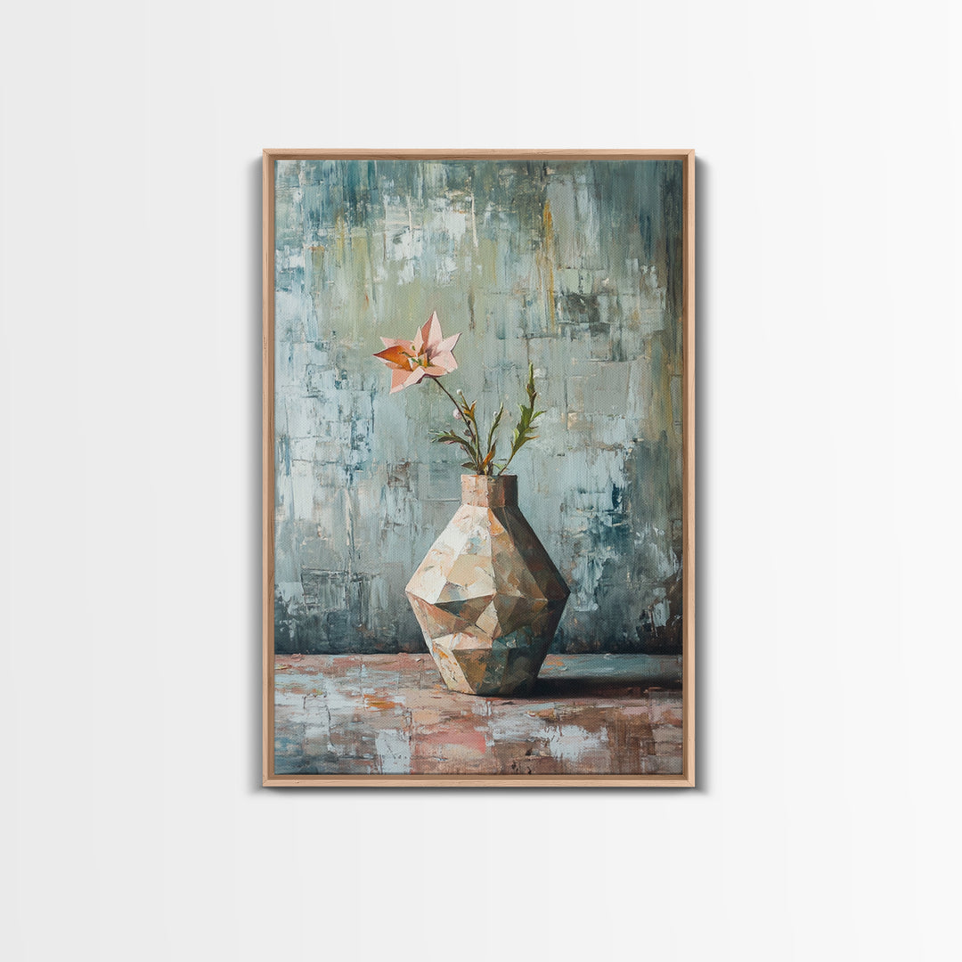 Single Pink Flower In Geometric Vase Canvas Print, Textured Still Life Wall Art For Kitchen Decor And Modern Home Decor Gift