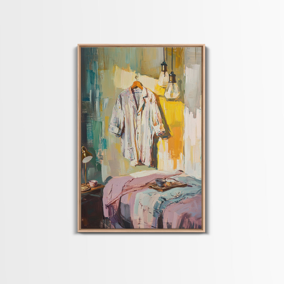 Cozy Bedroom With Hanging Shirt Canvas Print, Warm Guest Room Wall Art, Airbnb Wall Decor And Modern Farmhouse Decor Gift