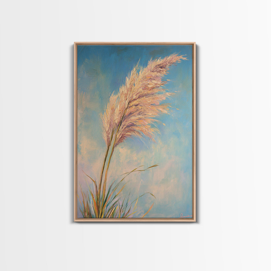 Pink Pampas Grass Against Blue Sky Framed Canvas Print, Coastal Botanical Wall Art For Boho Bedroom Decor And Nature Gift