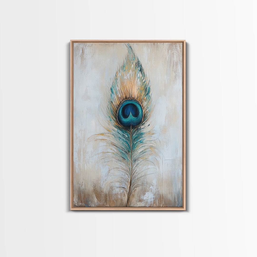 Blue Peacock Feather Wall Art, Boho Bird Feather Canvas Wall Decor, Teal Gold Nature Print, Neutral Living Room Decor, Home Decor